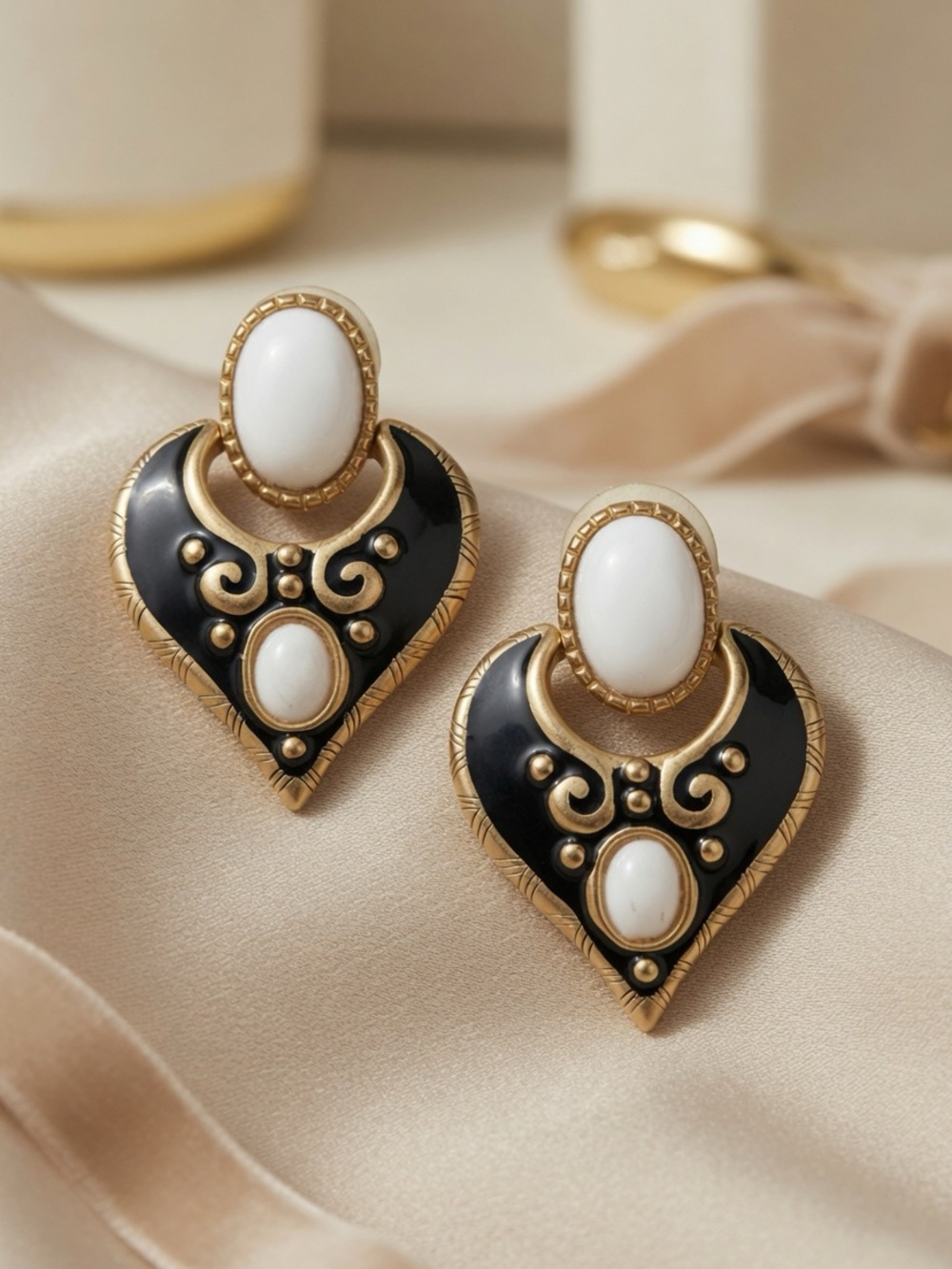 Vintage Gold Tone Black Enamel Heart Earrings White Cabochon Statement Dangle